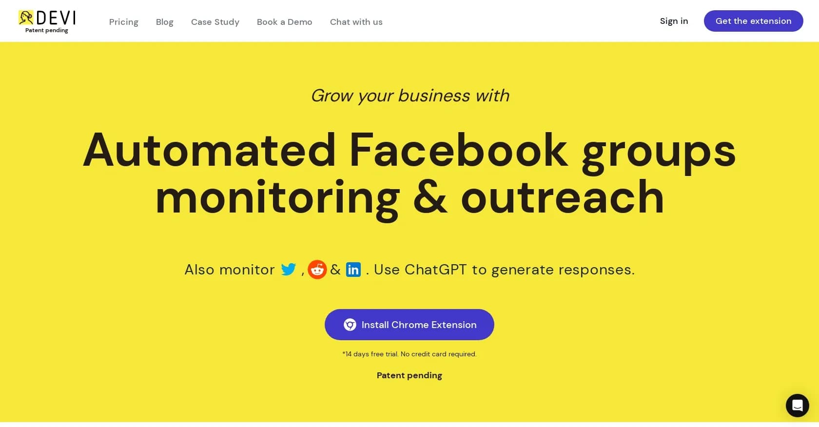 Devi homepage screenshot — Automate social monitoring and outreach to boost sales.