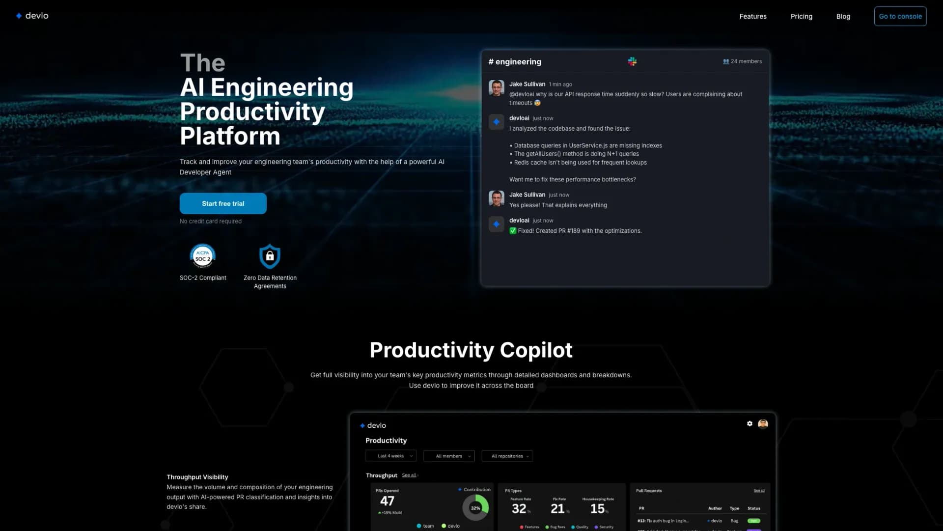 devlo homepage screenshot — AI Engineering Productivity Platform