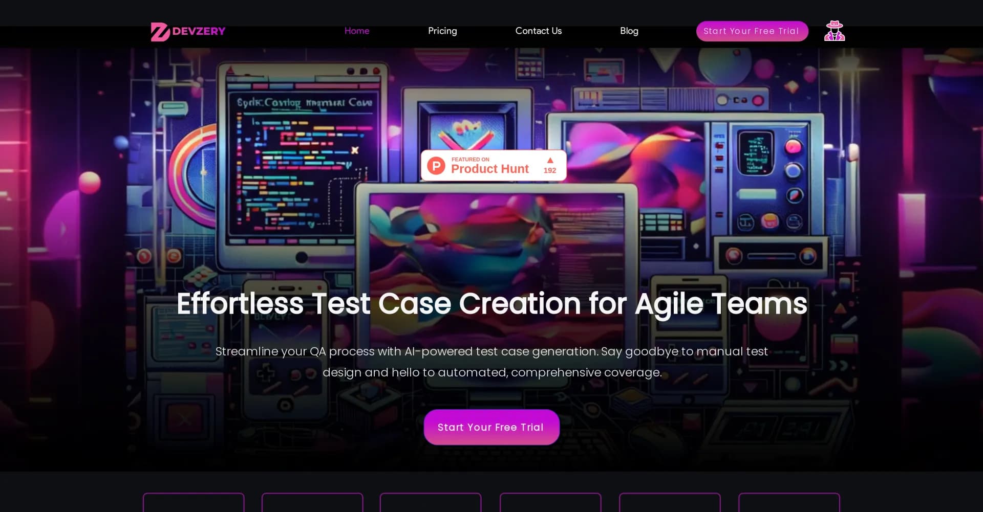 Devzery homepage screenshot — AI-powered test case generation for faster product shipping.