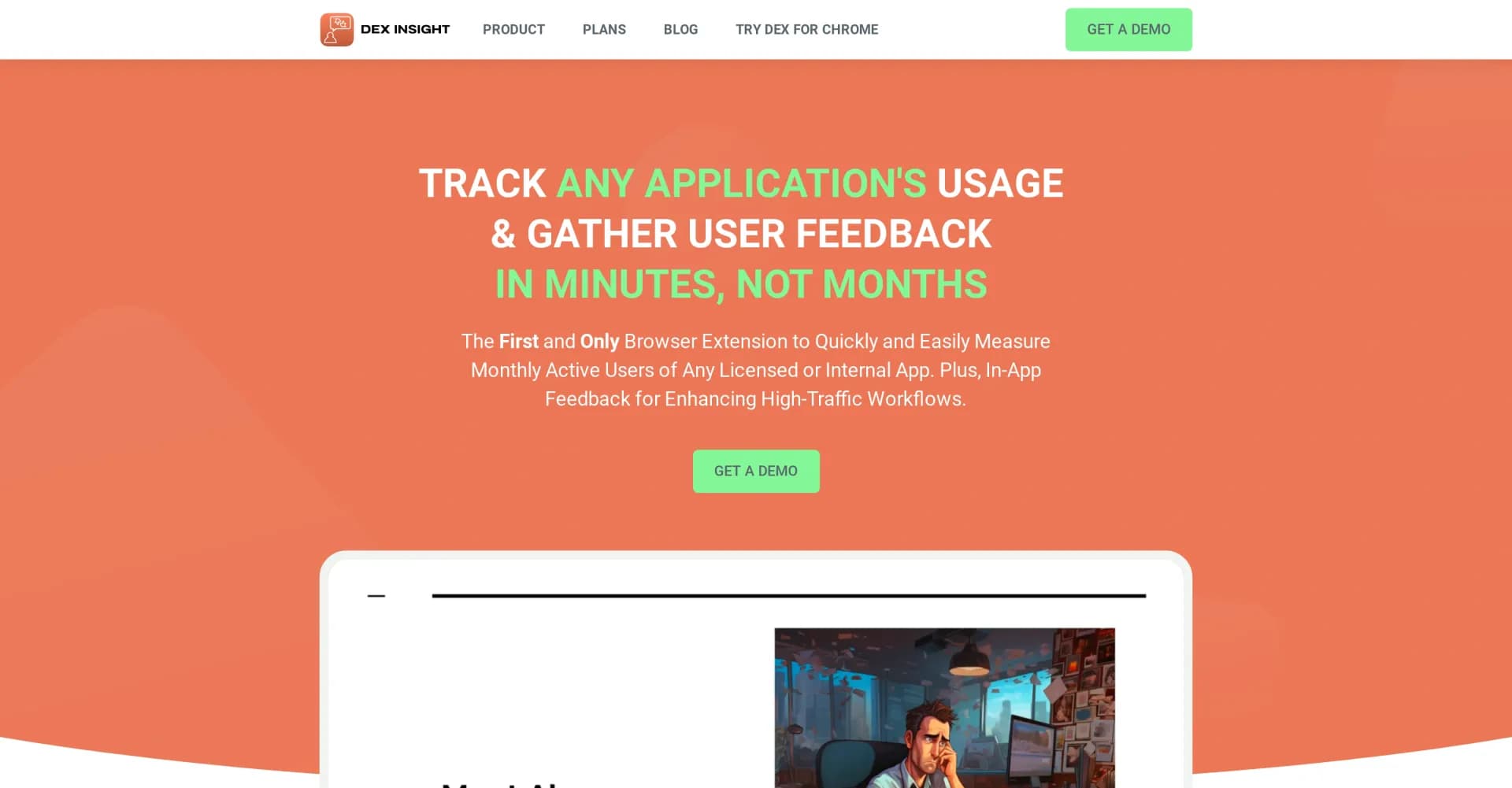 DEX Insight homepage screenshot — Measure app usage and gather user feedback instantly.