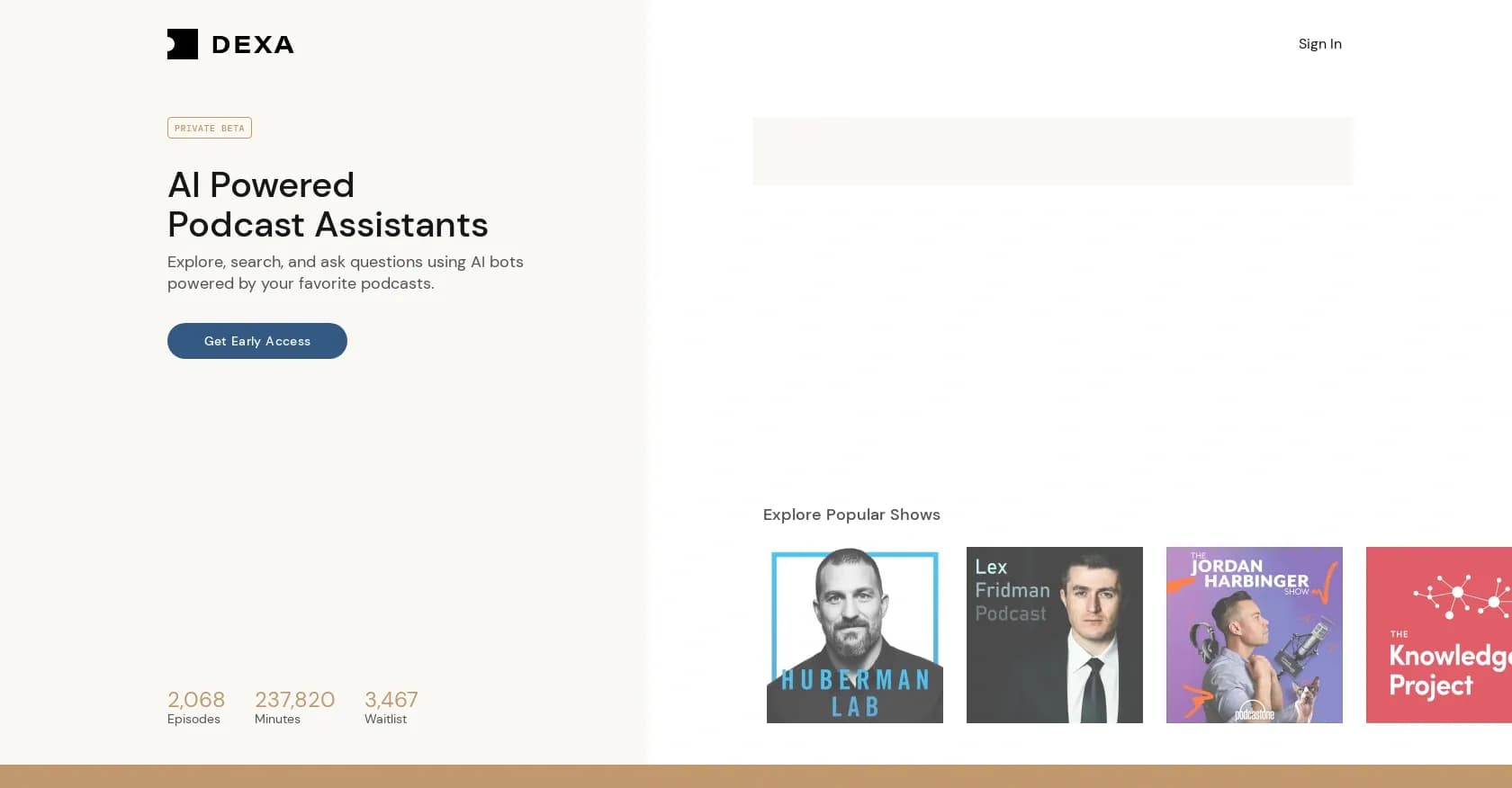 Dexa homepage screenshot — AI assistants powered by your favorite podcasts.