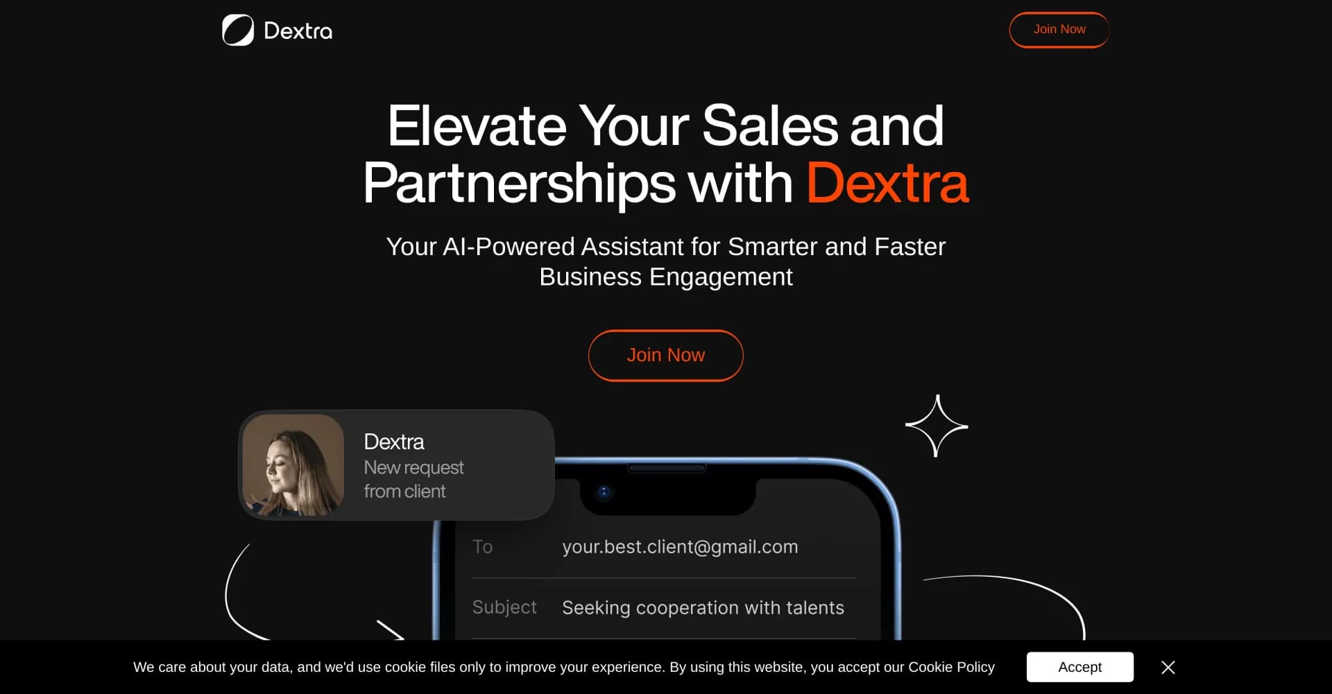 Dextra homepage screenshot — AI-powered assistant for smarter business engagement