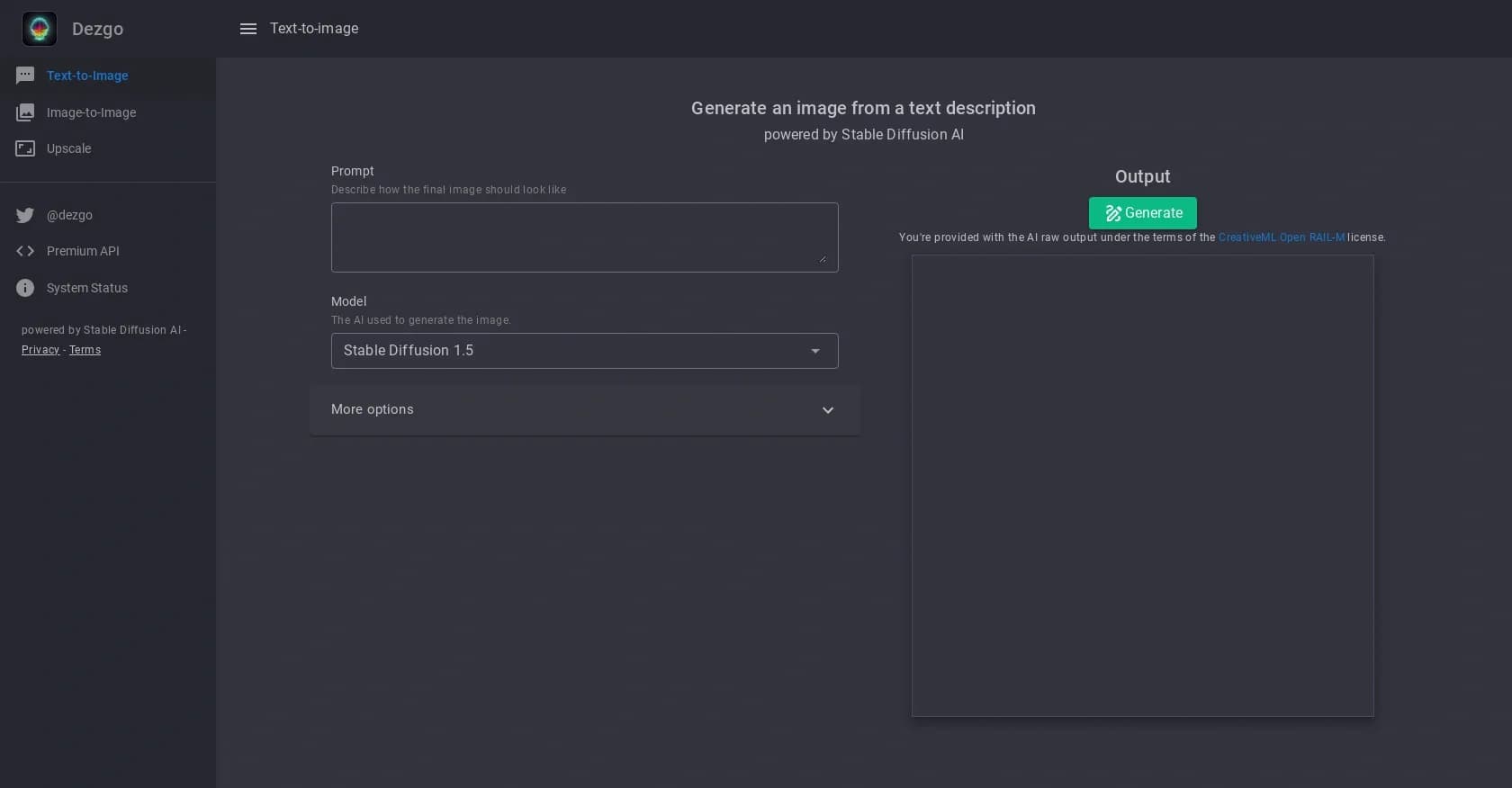 Dezgo homepage screenshot — Generate AI images from text prompts