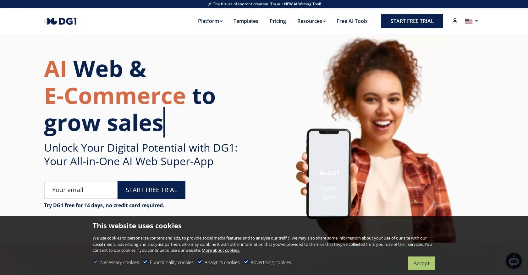 DG1.com homepage screenshot — AI-powered web and e-commerce solutions for business growth
