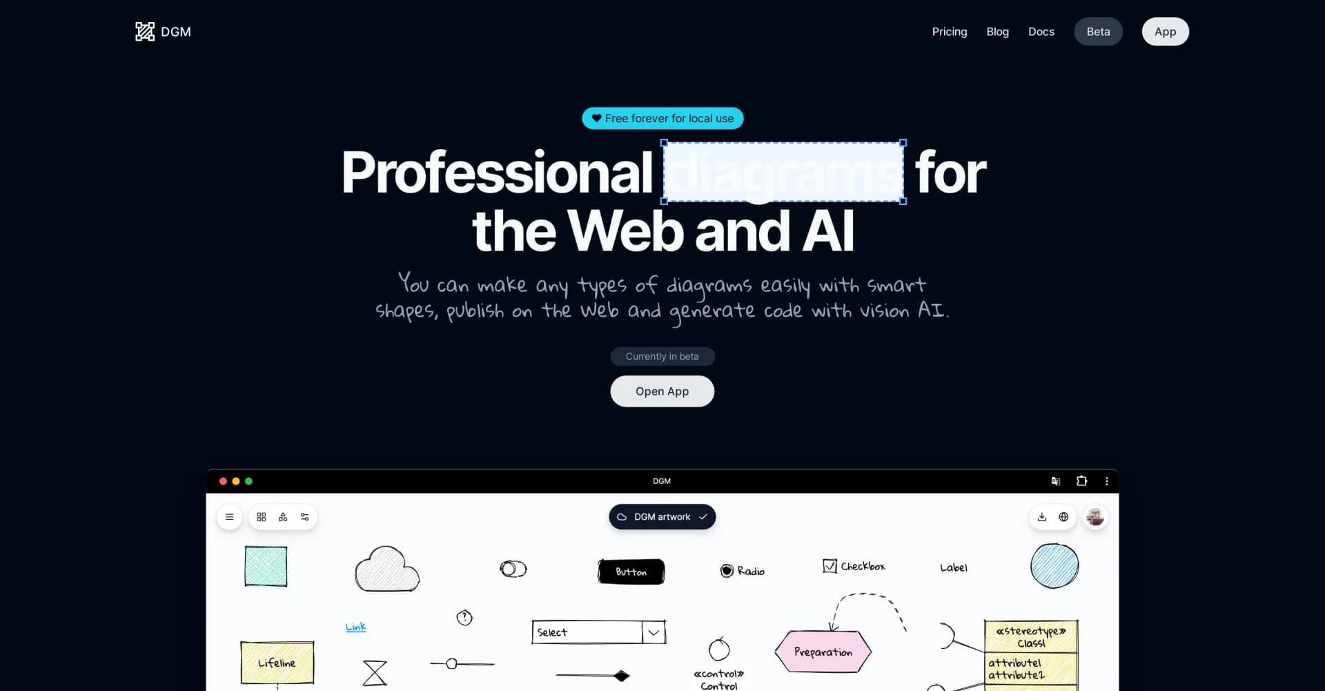 DGM homepage screenshot — Create and publish diagrams with AI-powered code generation.
