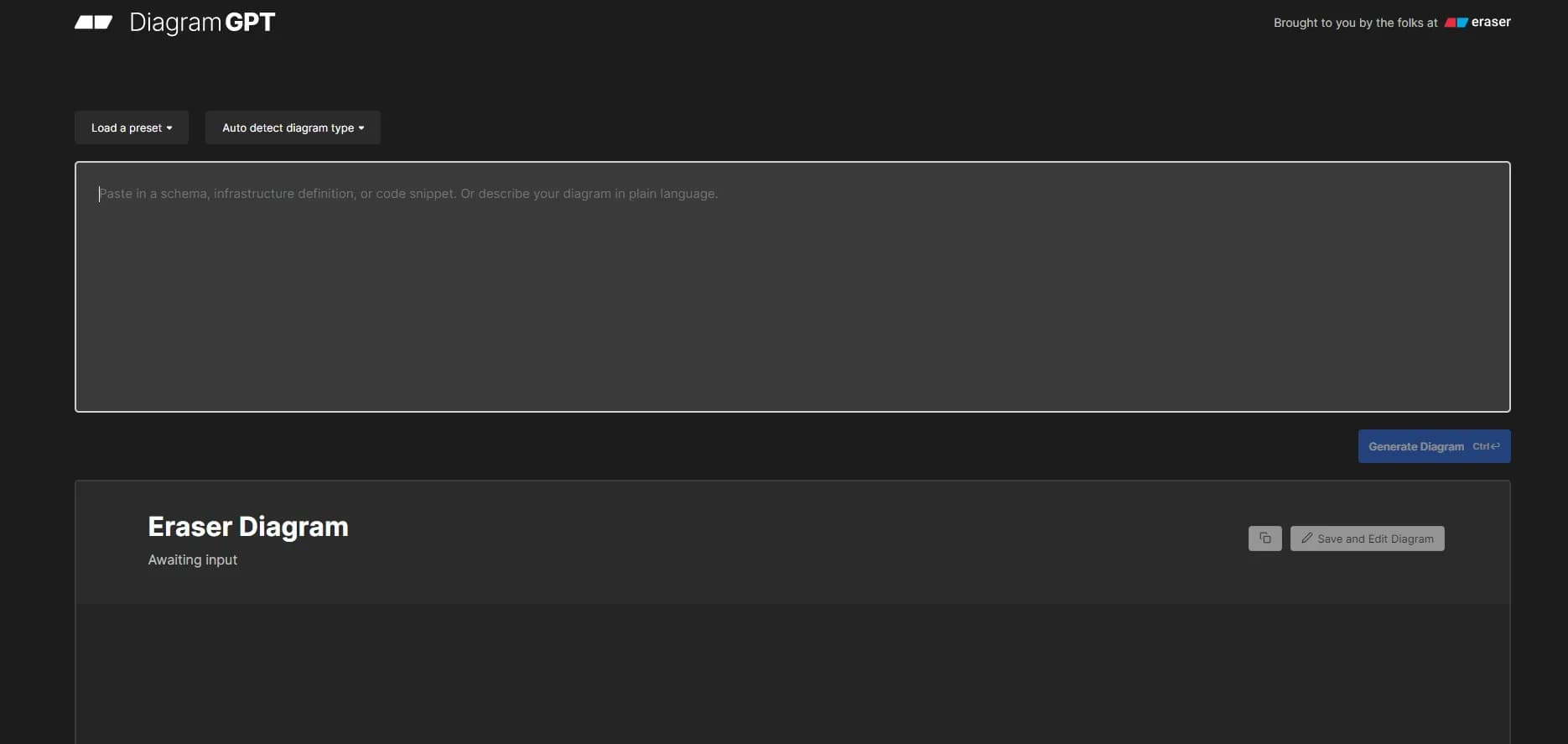 DiagramGPT by Eraser homepage screenshot — Generated engineering diagrams.