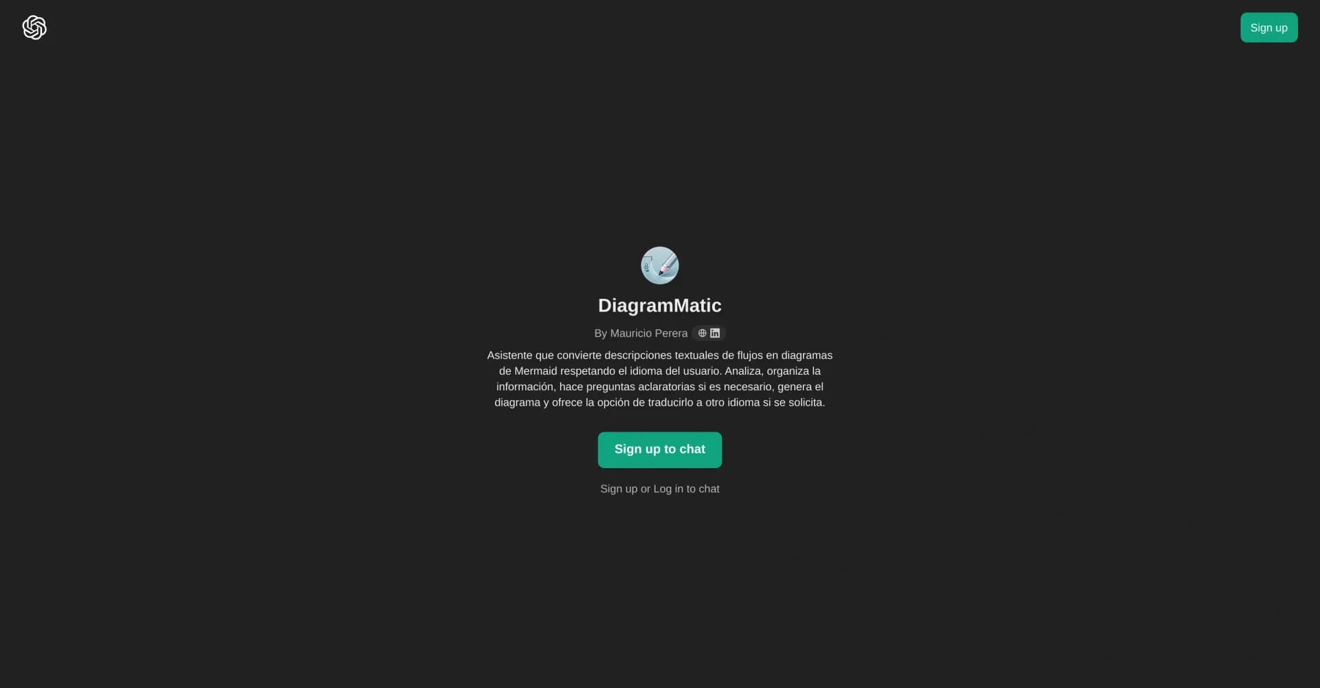 DiagramMatic homepage screenshot — Convierte descripciones en diagramas Mermaid con precisin li