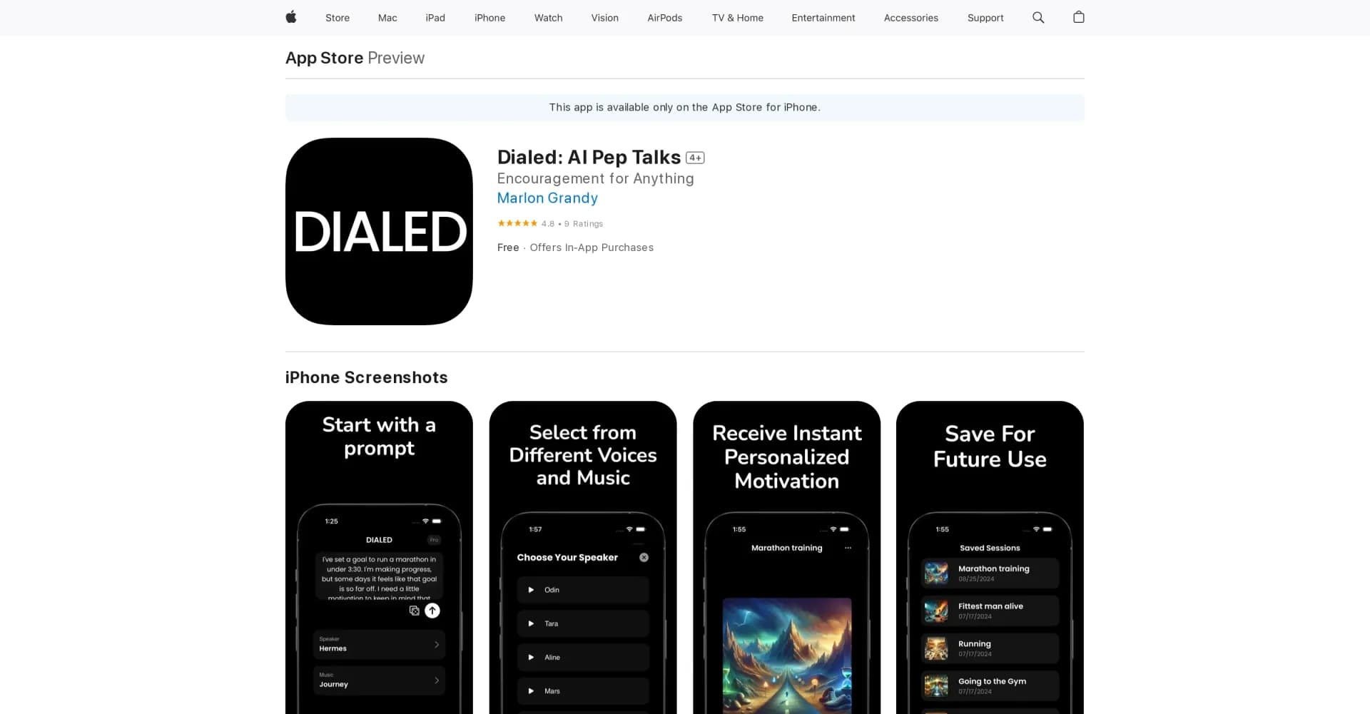 Dialed: AI Pep Talks homepage screenshot — Your AI pocket motivator for any challenge.