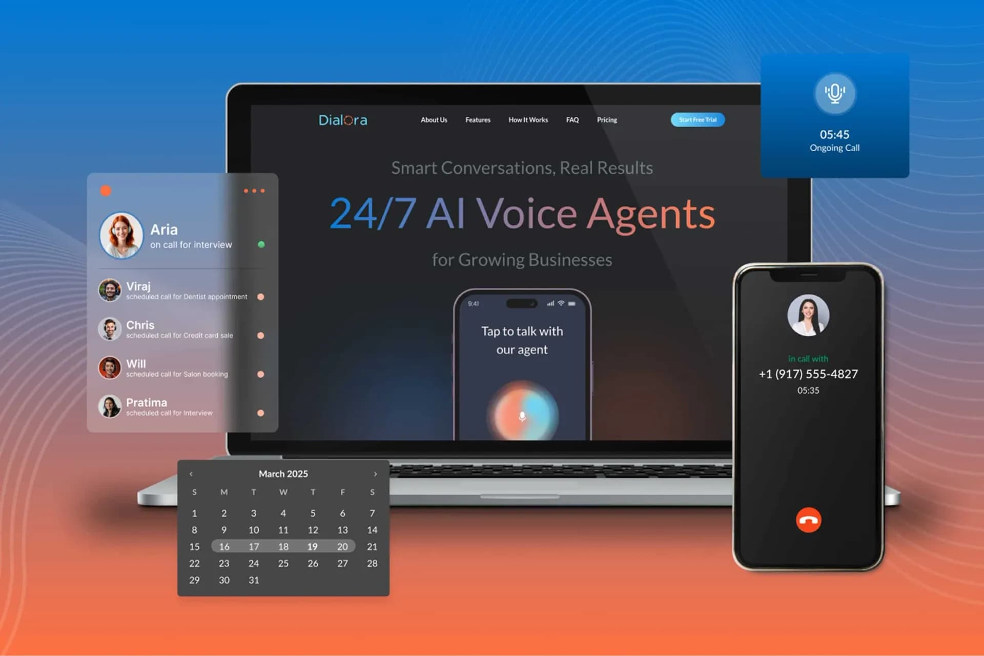 Dialora.ai homepage screenshot — Smart Conversations, Real Results 24/7 AI Voice Agents for G