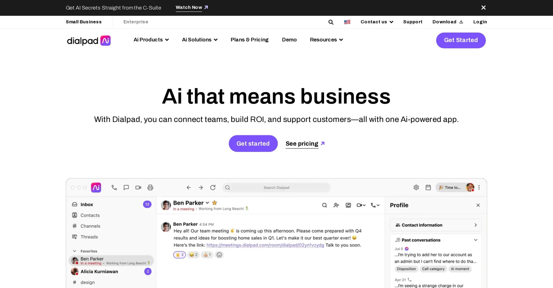 Dialpad homepage screenshot — Connect teams, build ROI, and support customers with AI.