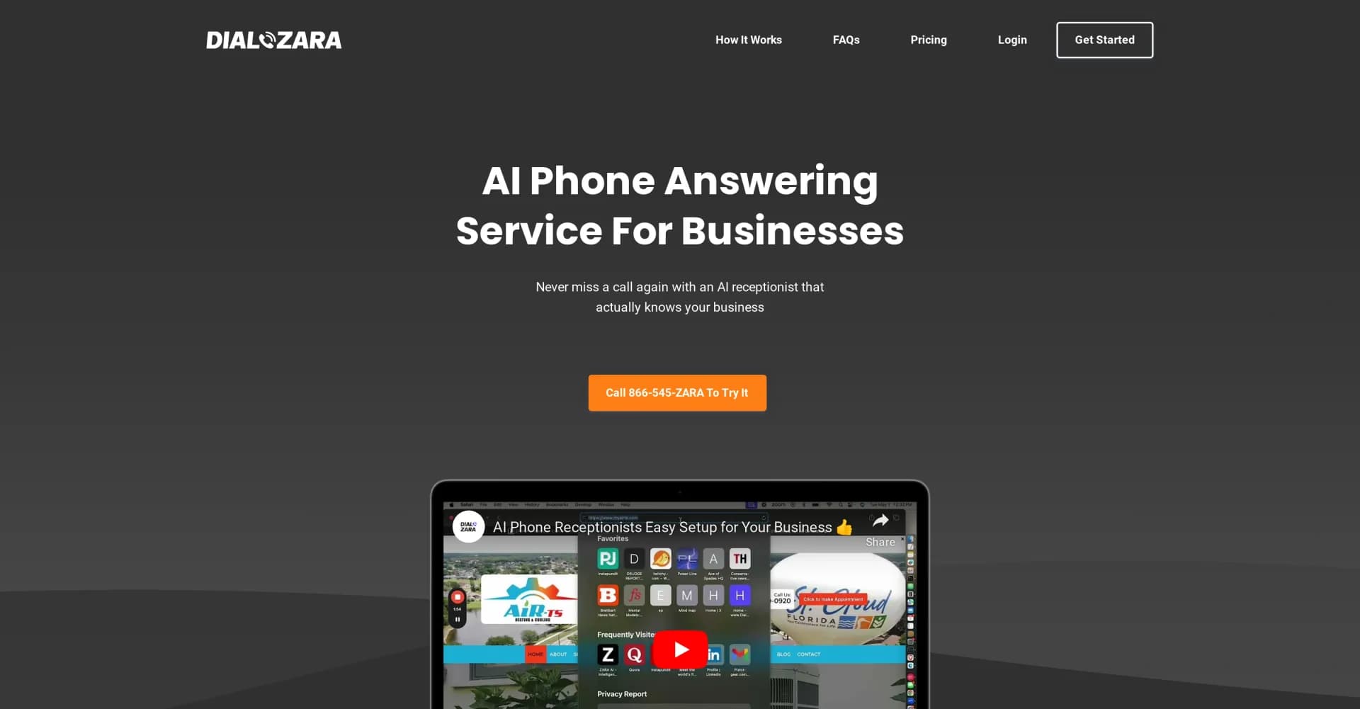 Dialzara homepage screenshot — Never miss a call with an AI receptionist that knows your bu