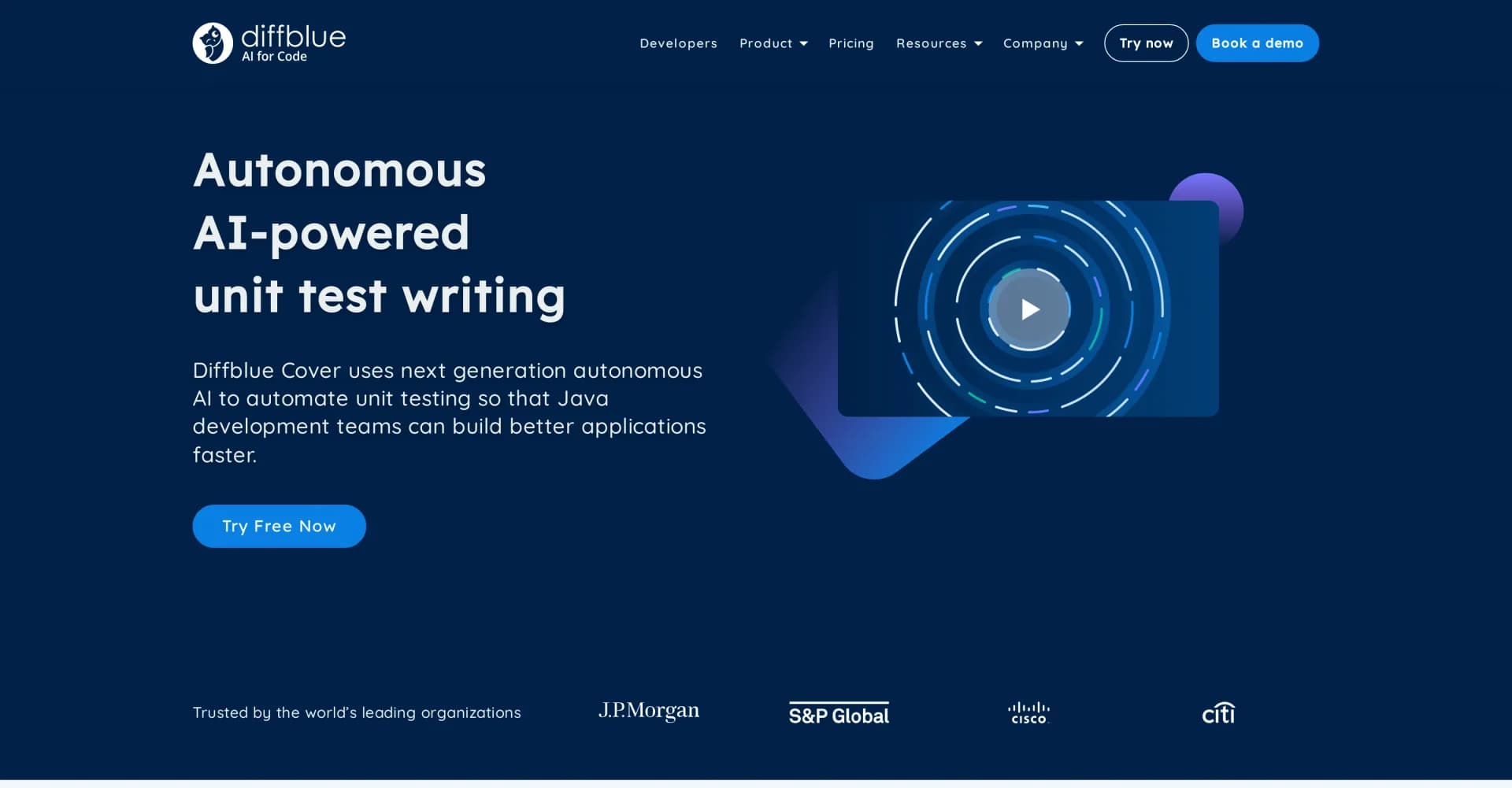 Diffblue Cover homepage screenshot — Autonomous AI writes Java unit tests