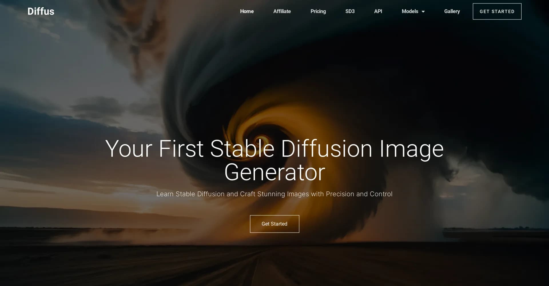 Diffus homepage screenshot — Elevate creativity with precision AI image generation.
