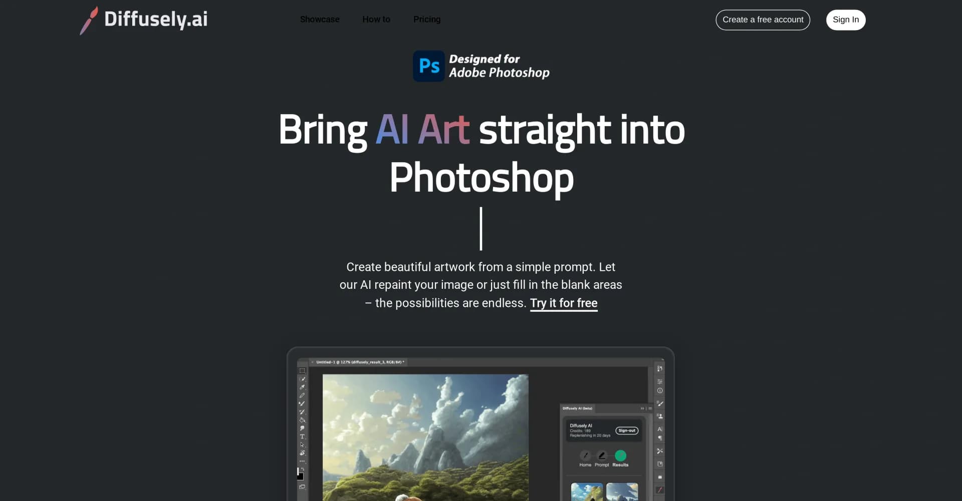 Diffusely homepage screenshot — AI art plugin for Photoshop creators
