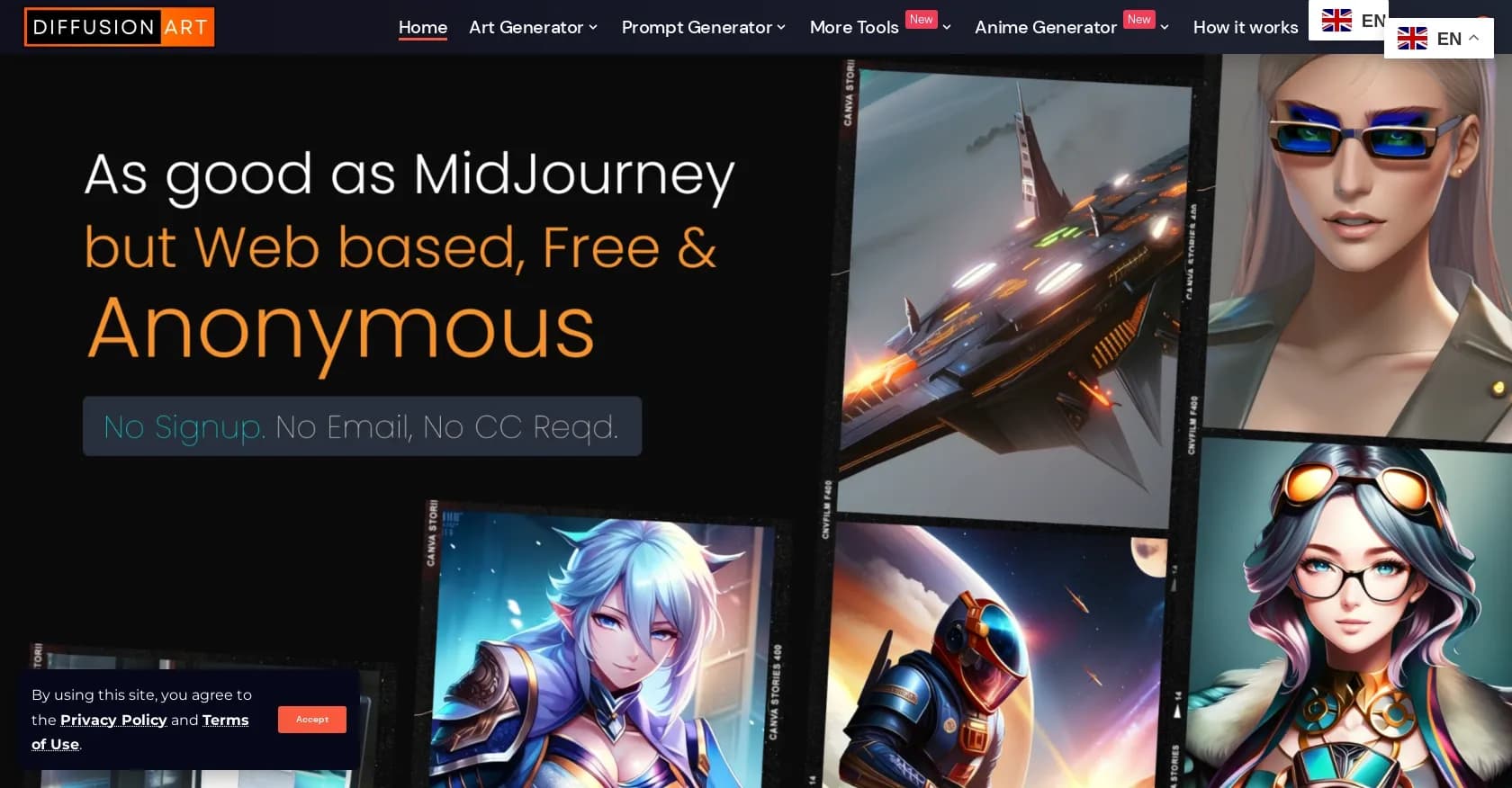 Diffusion Art homepage screenshot — Free, web-based Midjourney alternative - no Discord, no sign