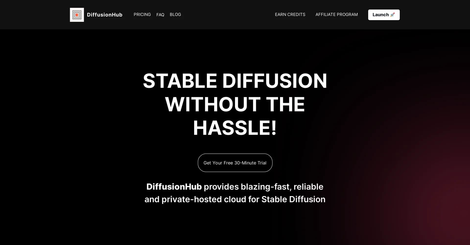 DiffusionHub homepage screenshot — Launch Stable Diffusion without GPU hassle