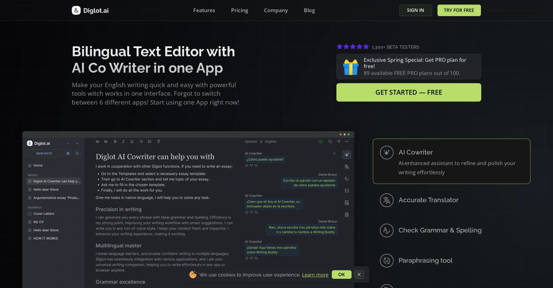 Diglot homepage screenshot — Bilingual writing app with AI-powered tools