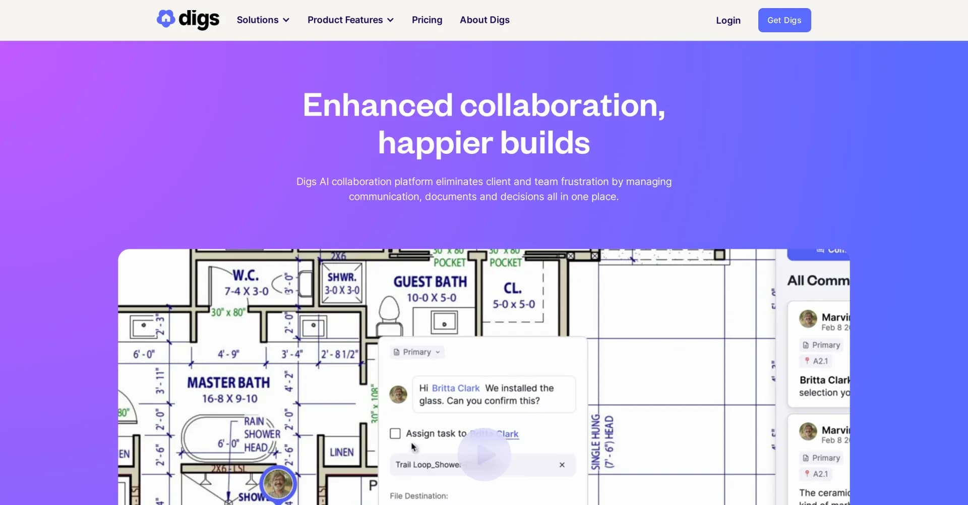 Digs homepage screenshot — Streamline homebuilding collaboration.
