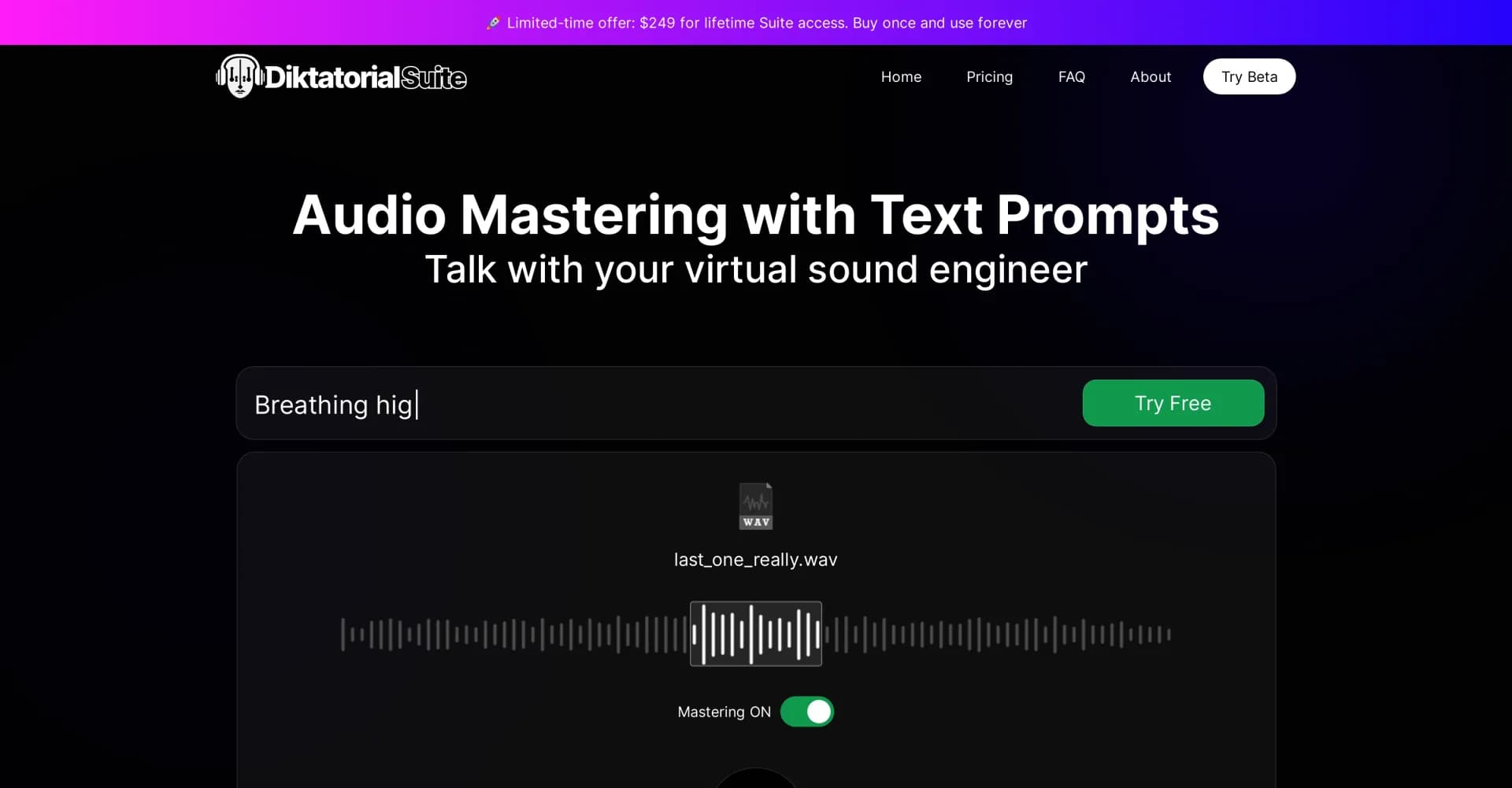 Diktatorial Suite homepage screenshot — AI audio mastering with text prompts