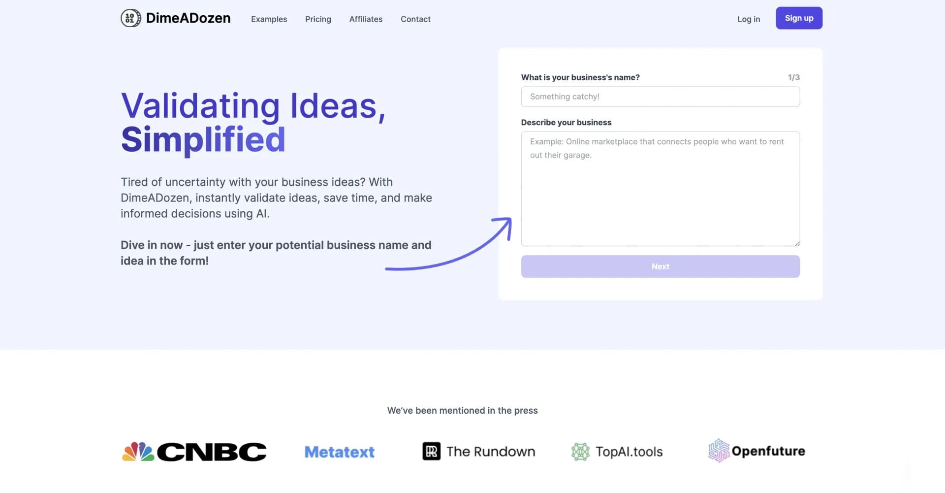 DimeADozen homepage screenshot — Validated business ideas in seconds.