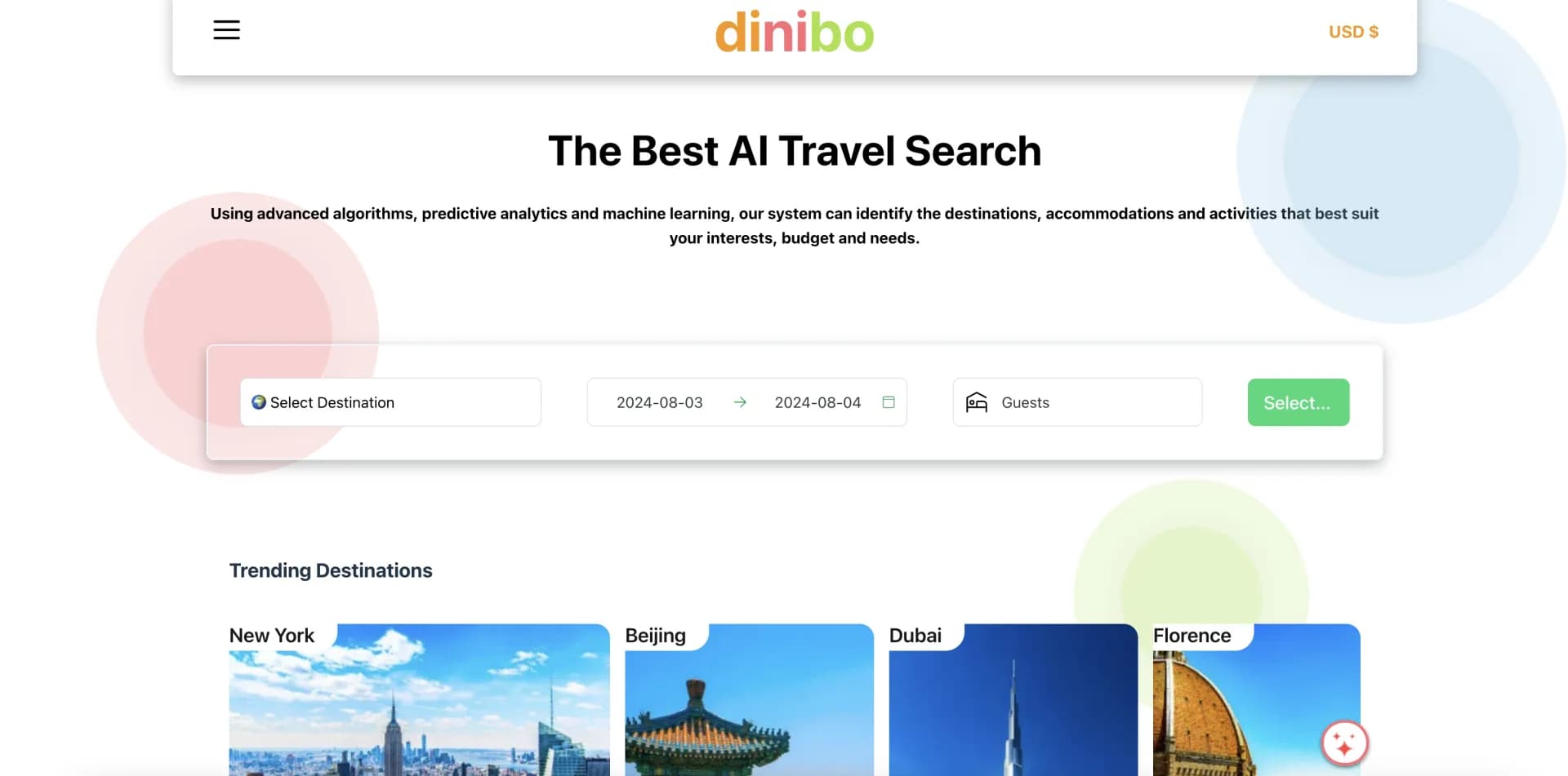 Dinibo homepage screenshot — AI-powered travel planning for stress-free vacations.
