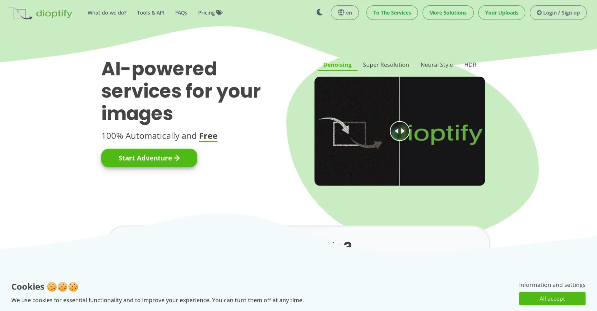 Dioptify homepage screenshot — AI-powered image enhancement services