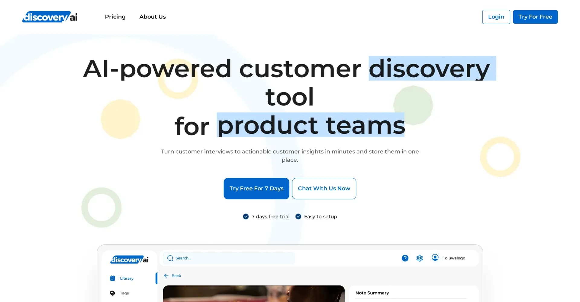 Discovery AI homepage screenshot — AI-powered customer insights for every team