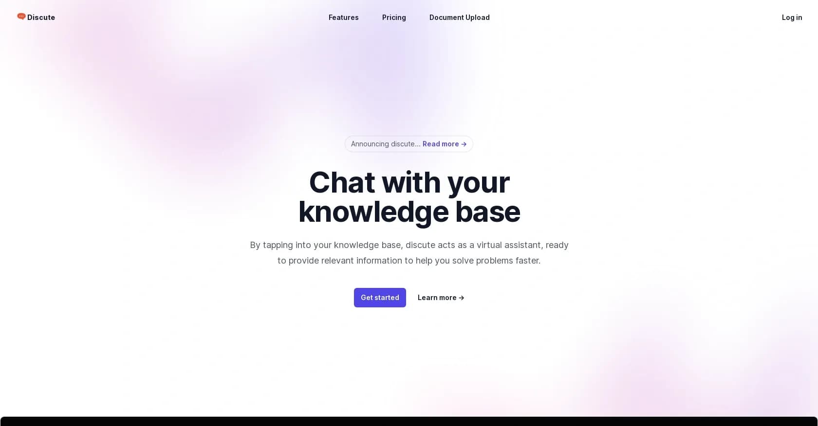 Discute homepage screenshot — Chat with your knowledge base to solve problems faster.