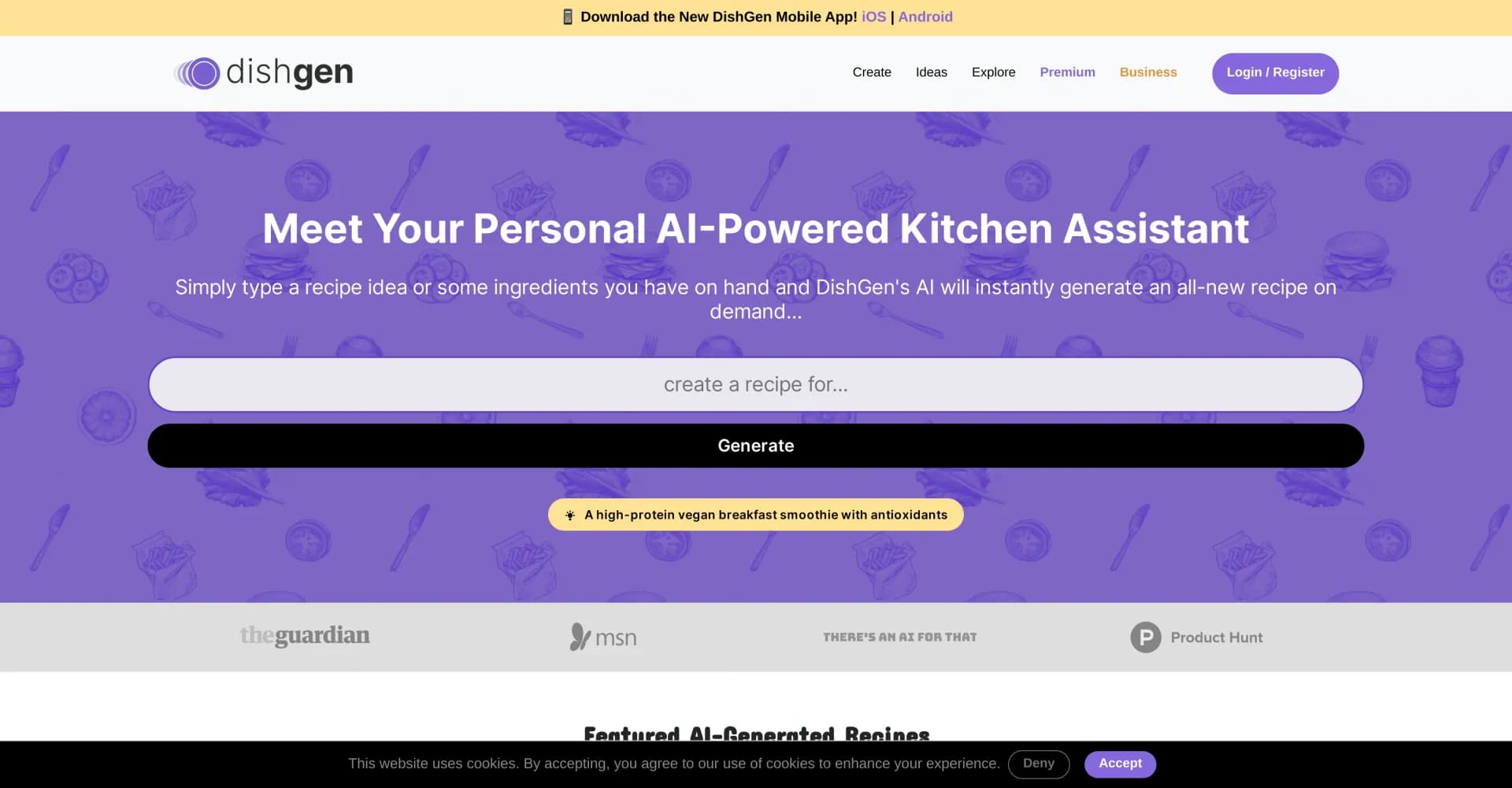 DishGen homepage screenshot — AI-powered kitchen assistant for instant recipe creation