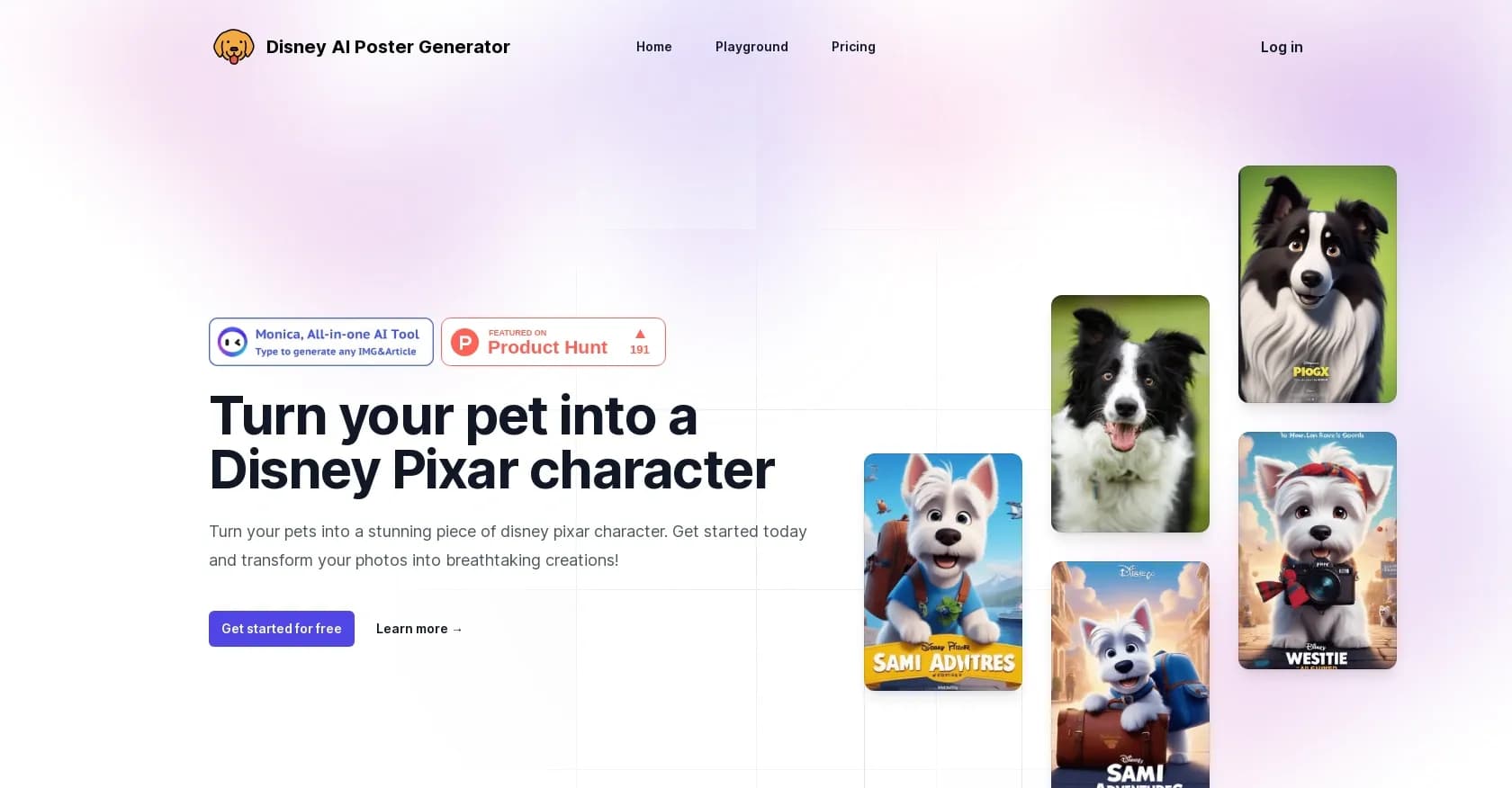 Disney AI Poster homepage screenshot — Turn pets into Disney Pixar characters instantly.