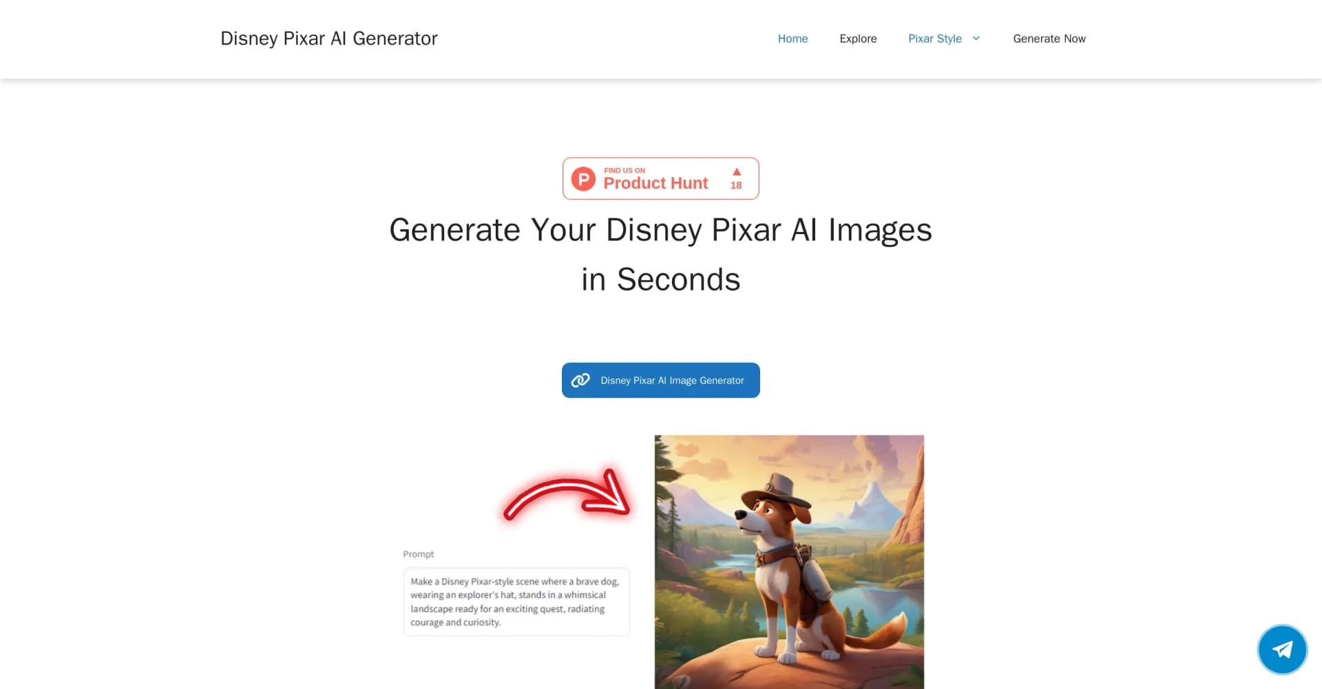 Disney Pixar AI Generator homepage screenshot — Transform ideas into Disney Pixar magic instantly.