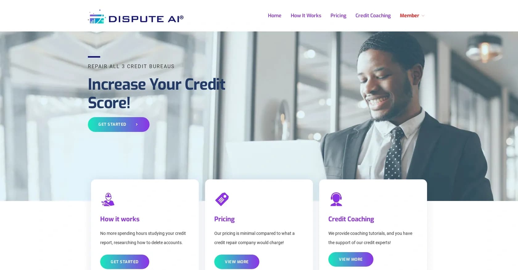 Dispute AI homepage screenshot — Boost your credit score with AI-powered repairs.