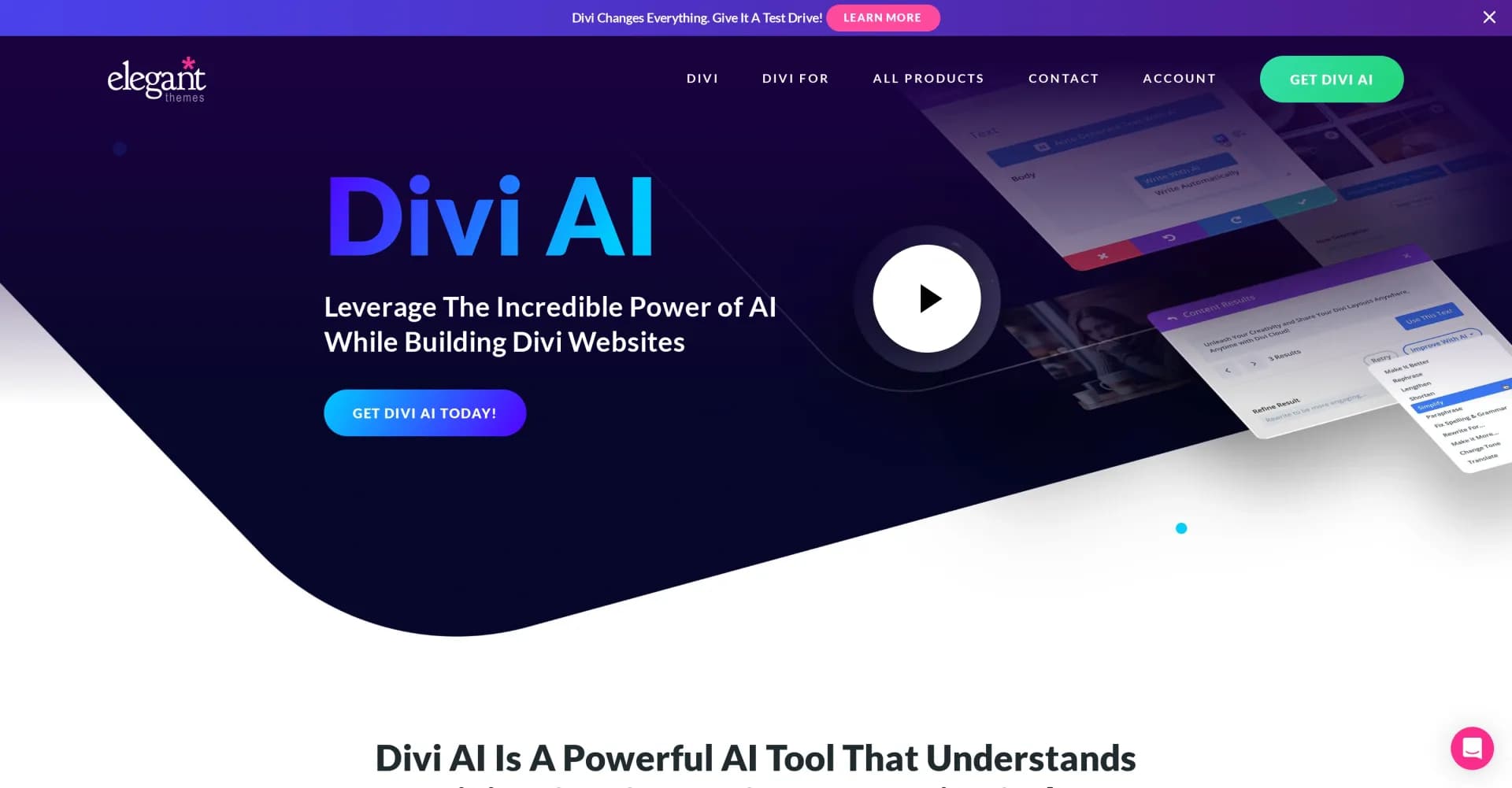 Divi AI homepage screenshot — Build Divi websites with AI