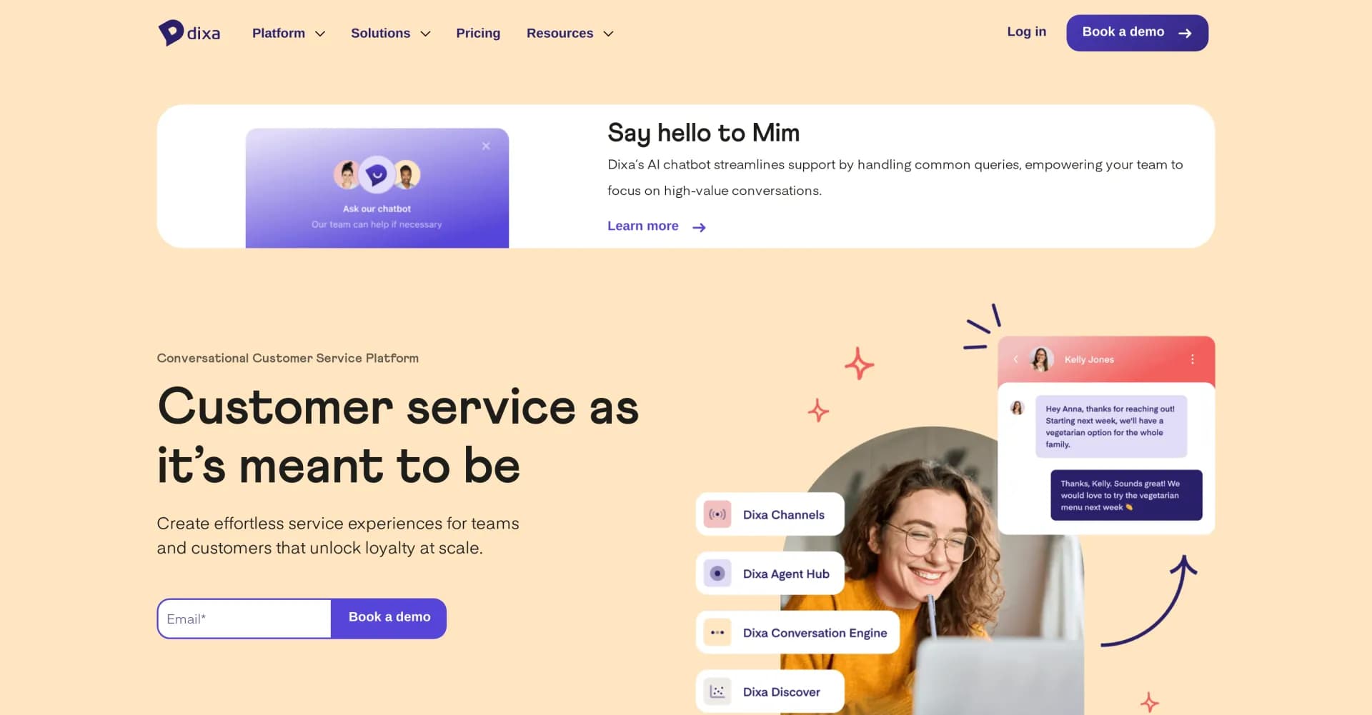 Dixa homepage screenshot — Unlock customer loyalty with AI-driven service