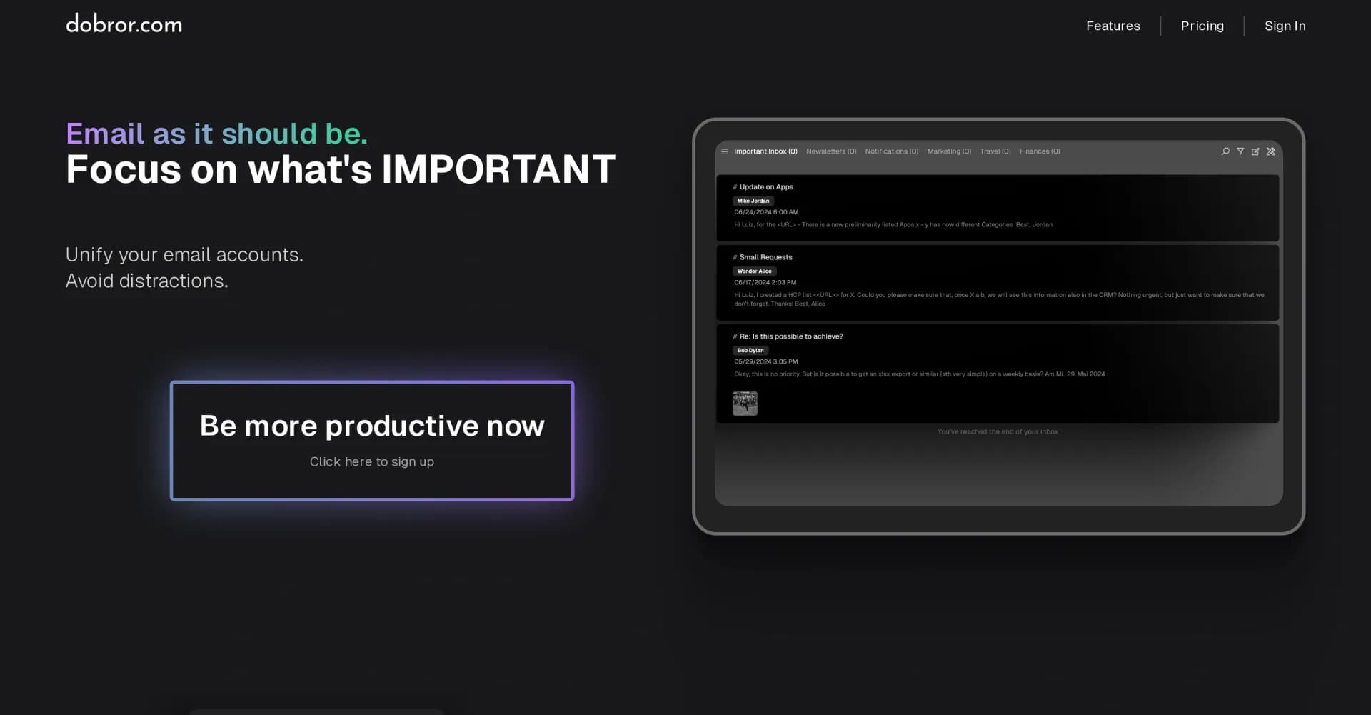 Dobror homepage screenshot — Smart email client to unify accounts and boost productivity.