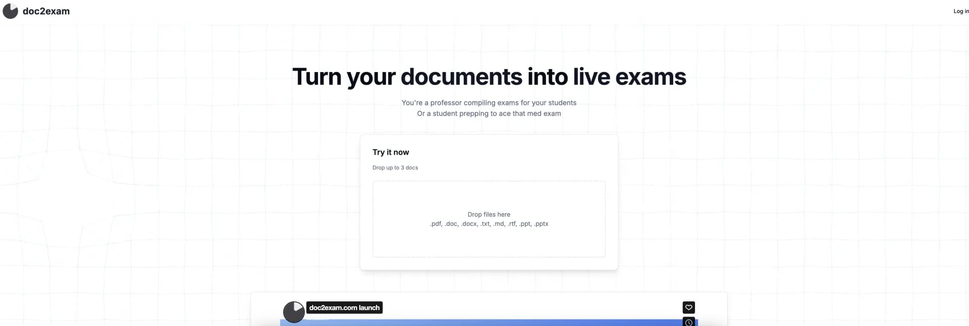 Doc2Exam homepage screenshot — Turn any material into live exams.