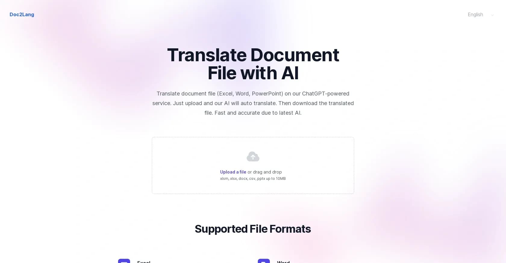 Doc2Lang homepage screenshot — AI-powered document translation in one click