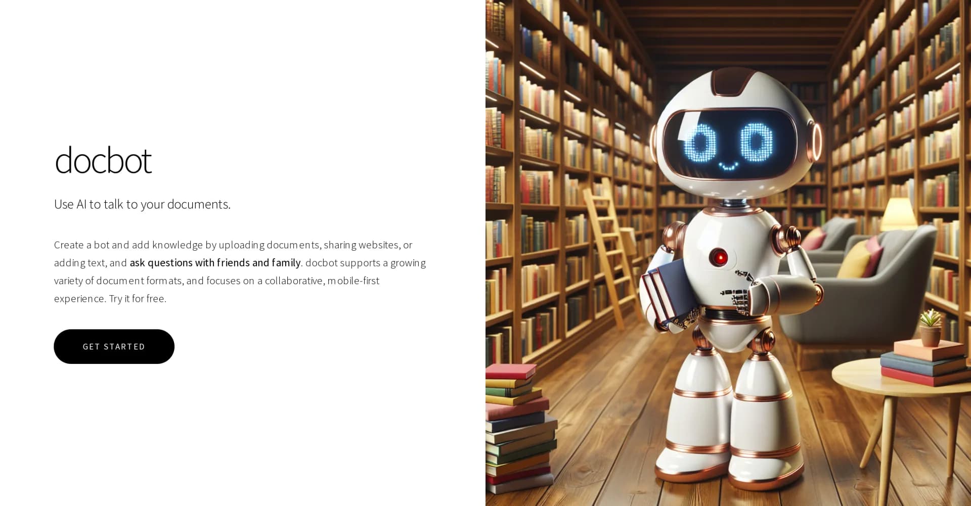 docbot homepage screenshot — Talk to your documents using AI.