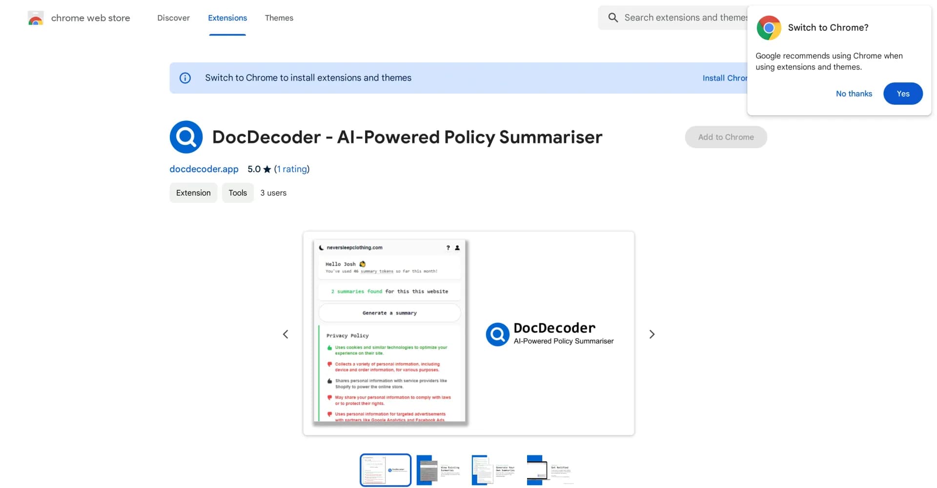 DocDecoder homepage screenshot — Website policy analysis and summarization.