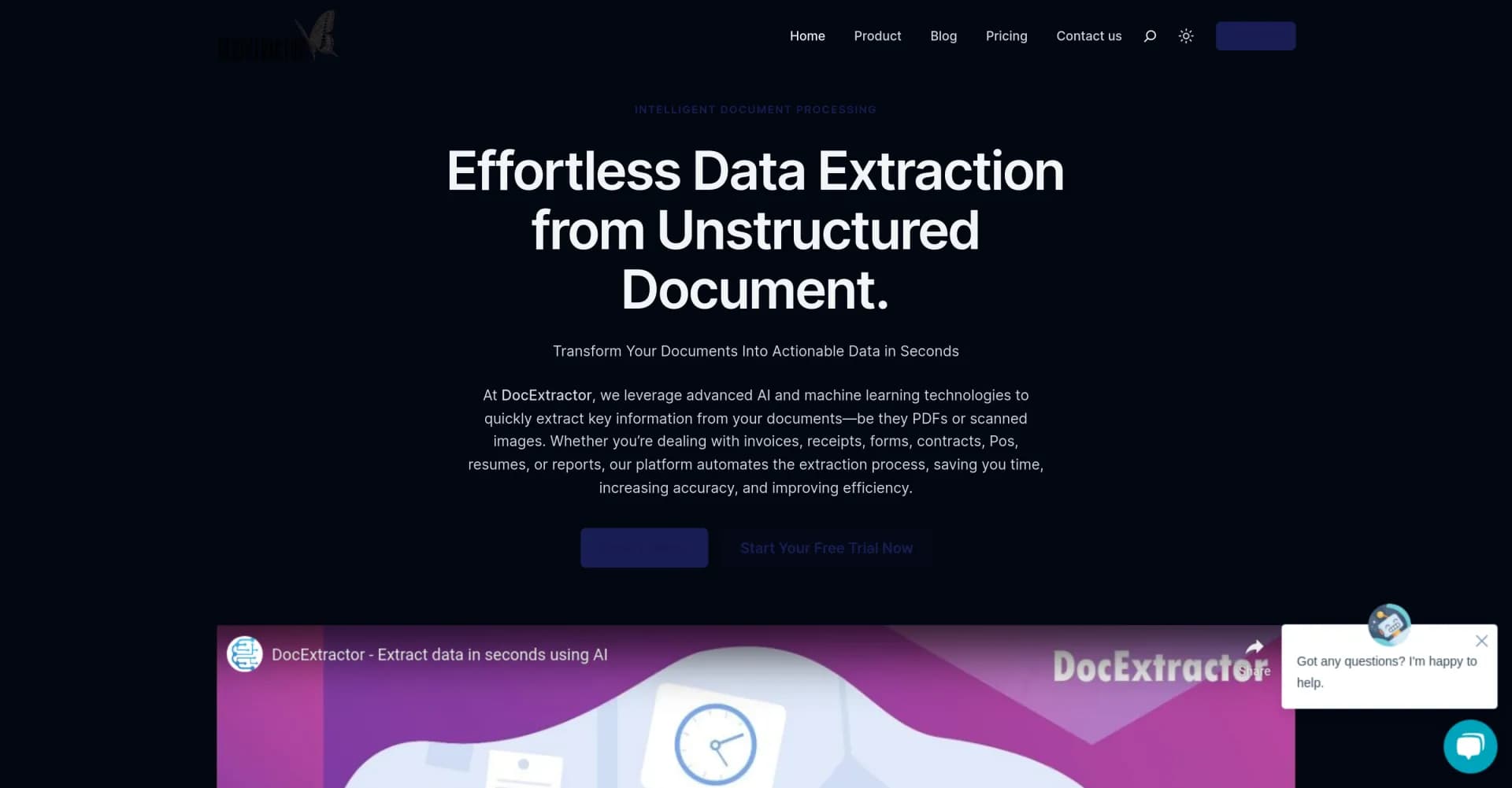 DocExtractor homepage screenshot — Transform documents into actionable data in seconds.