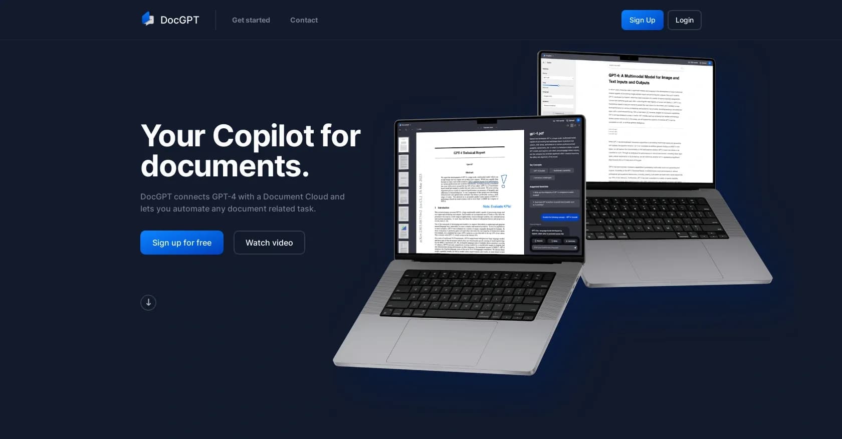 DocGPT.io homepage screenshot — Online assistant for creating and analyzing documents.
