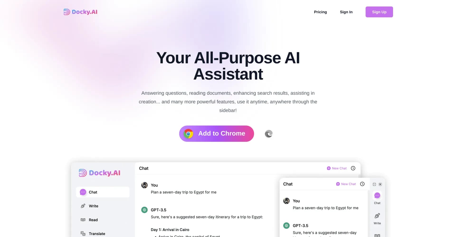 Docky homepage screenshot — Your all-purpose AI assistant in a sidebar