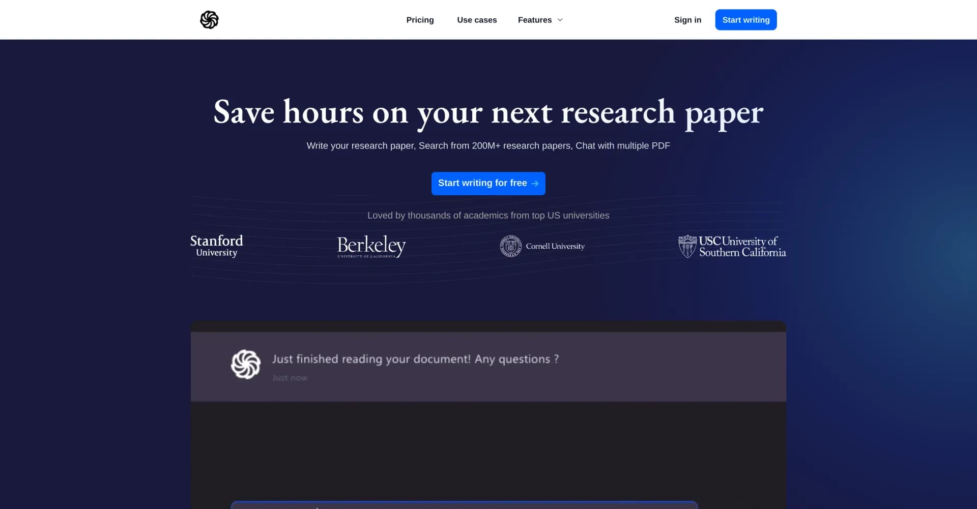 Doclime homepage screenshot — AI-powered research assistant for academics