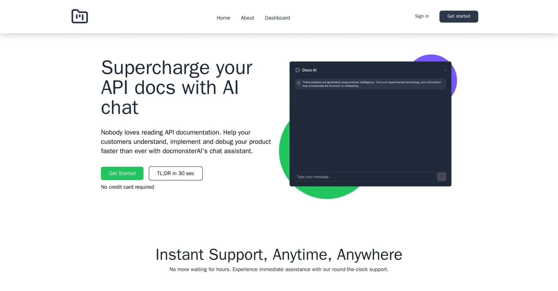 Docmonster homepage screenshot — Supercharge API docs with AI chat.