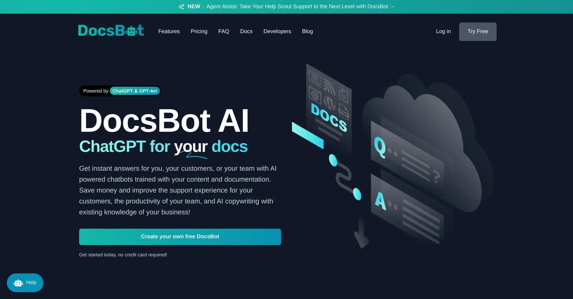 DocsBot homepage screenshot — AI chatbots trained on your docs for instant answers