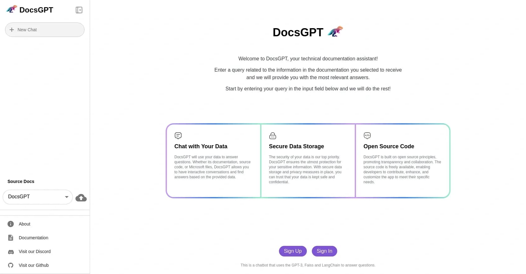 DocsGPT homepage screenshot — Instant answers from your documents.
