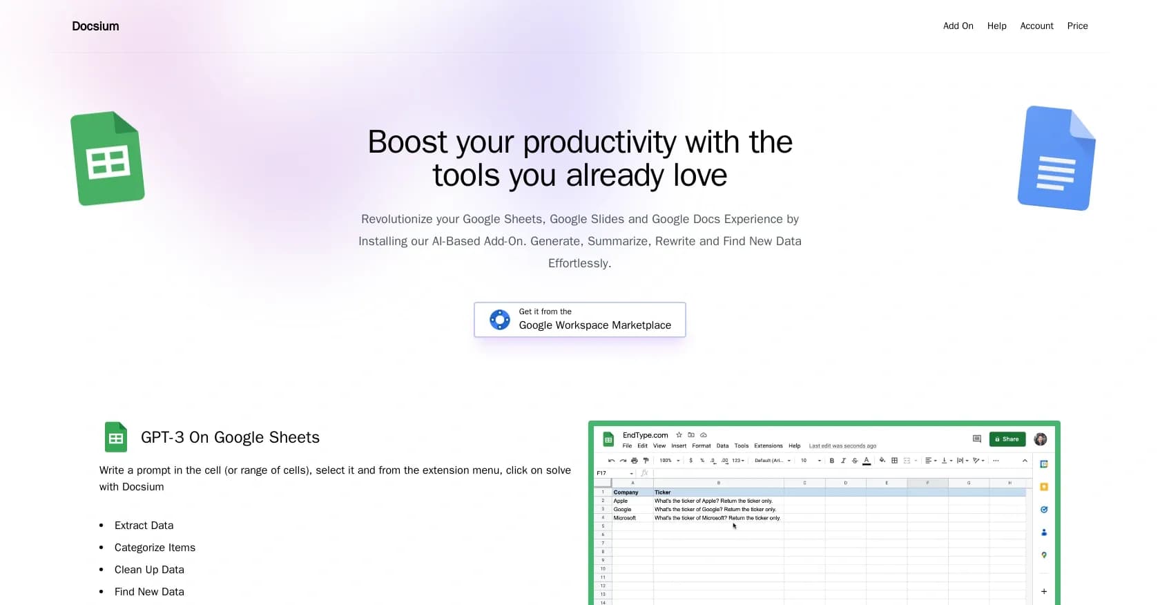 Docsium homepage screenshot — Add GPT-3 to Google Workspace for AI-powered productivity