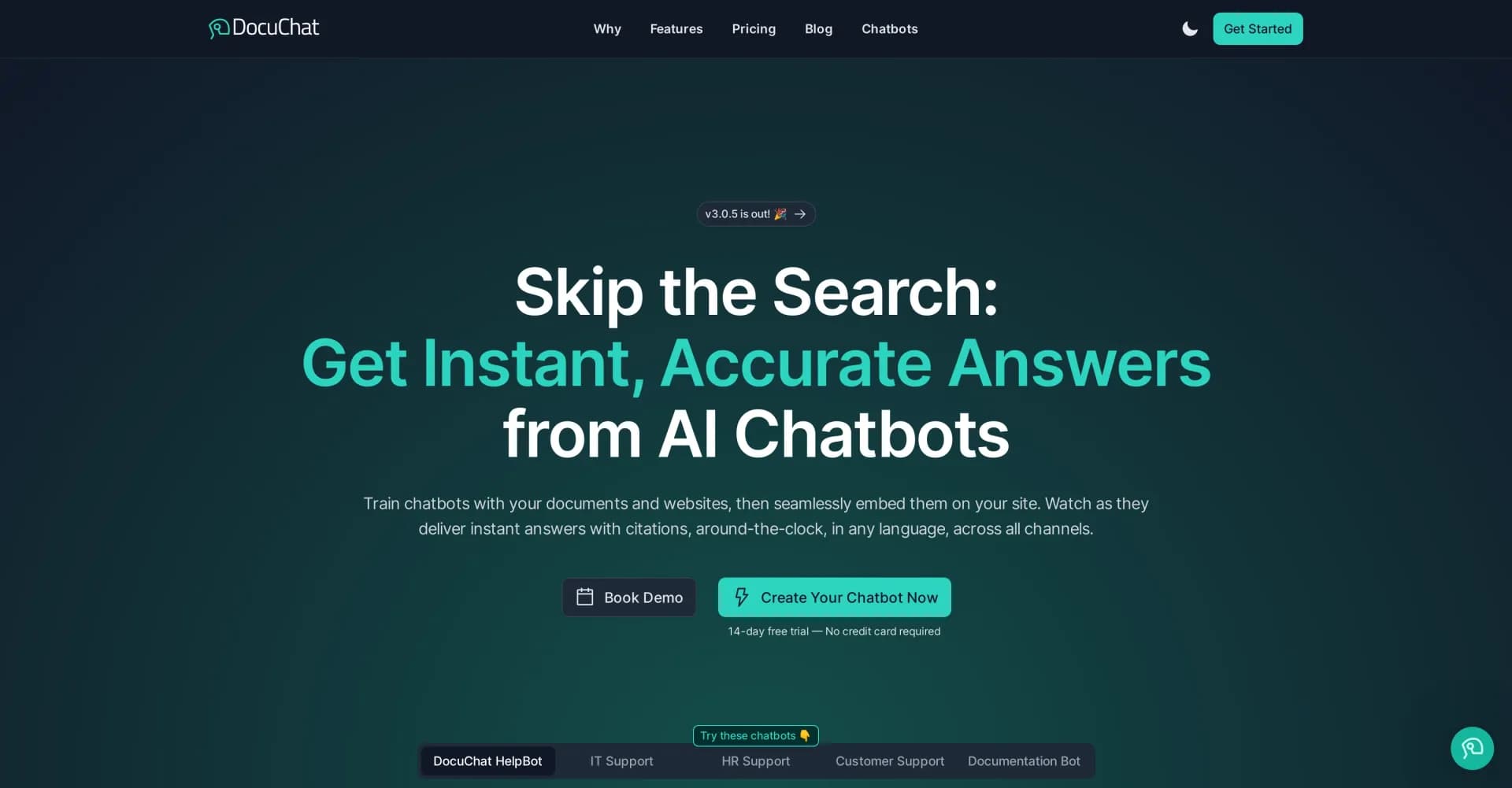 Docuchat homepage screenshot — Get instant answers from AI chatbots trained on your content