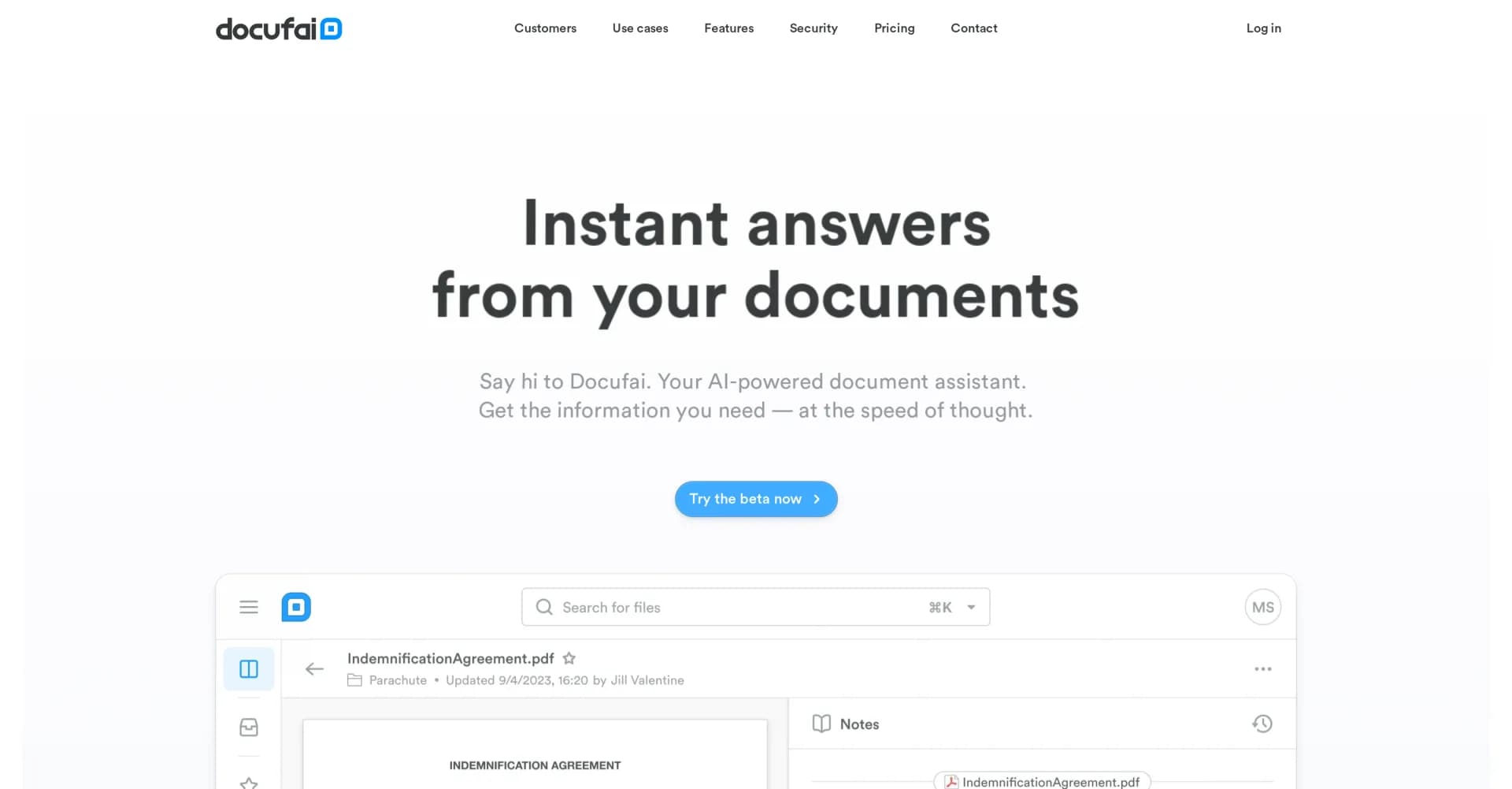 Docufai homepage screenshot — Instant answers from your documents.