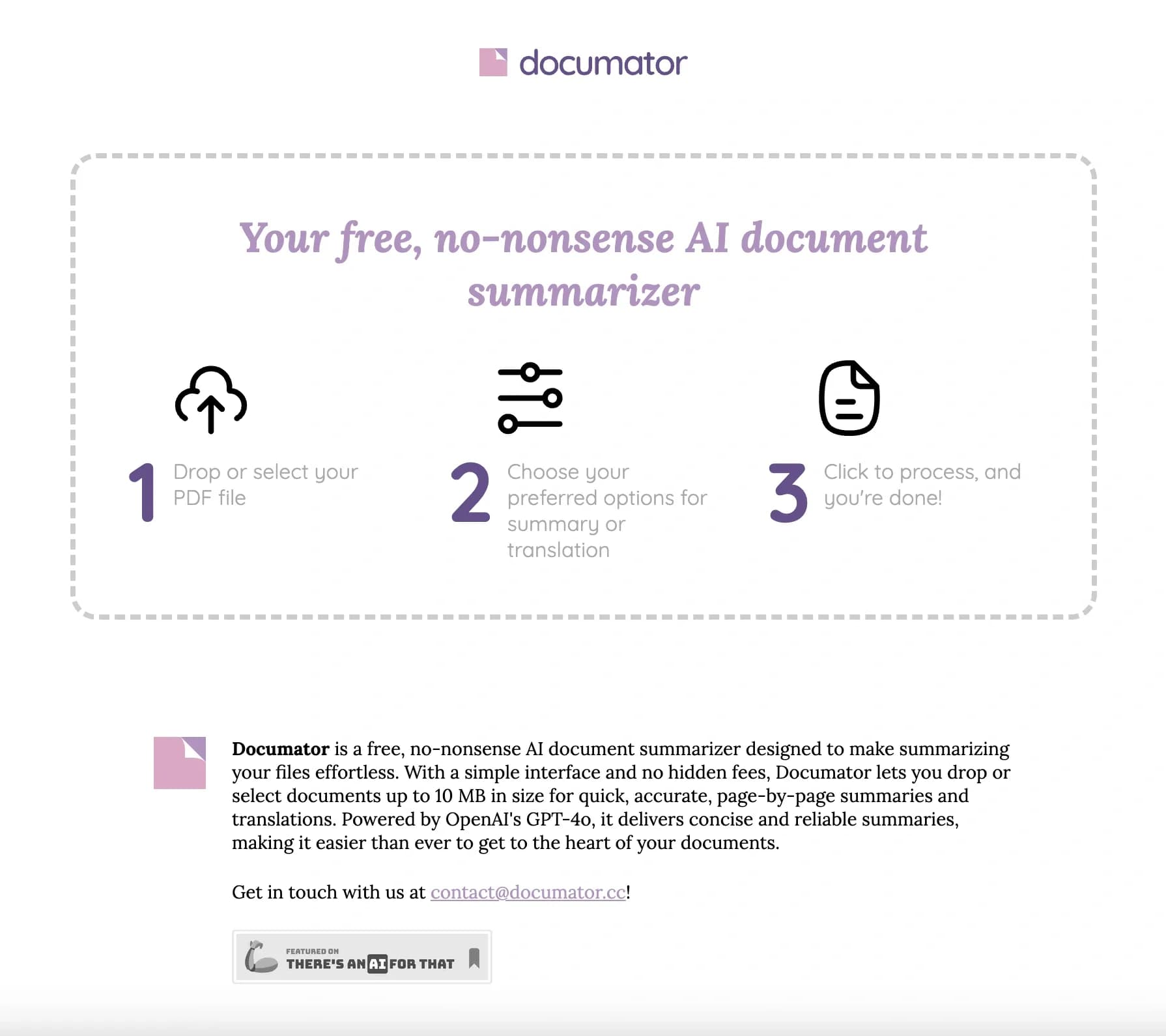 Documator homepage screenshot — Page-by-page document summaries with AI